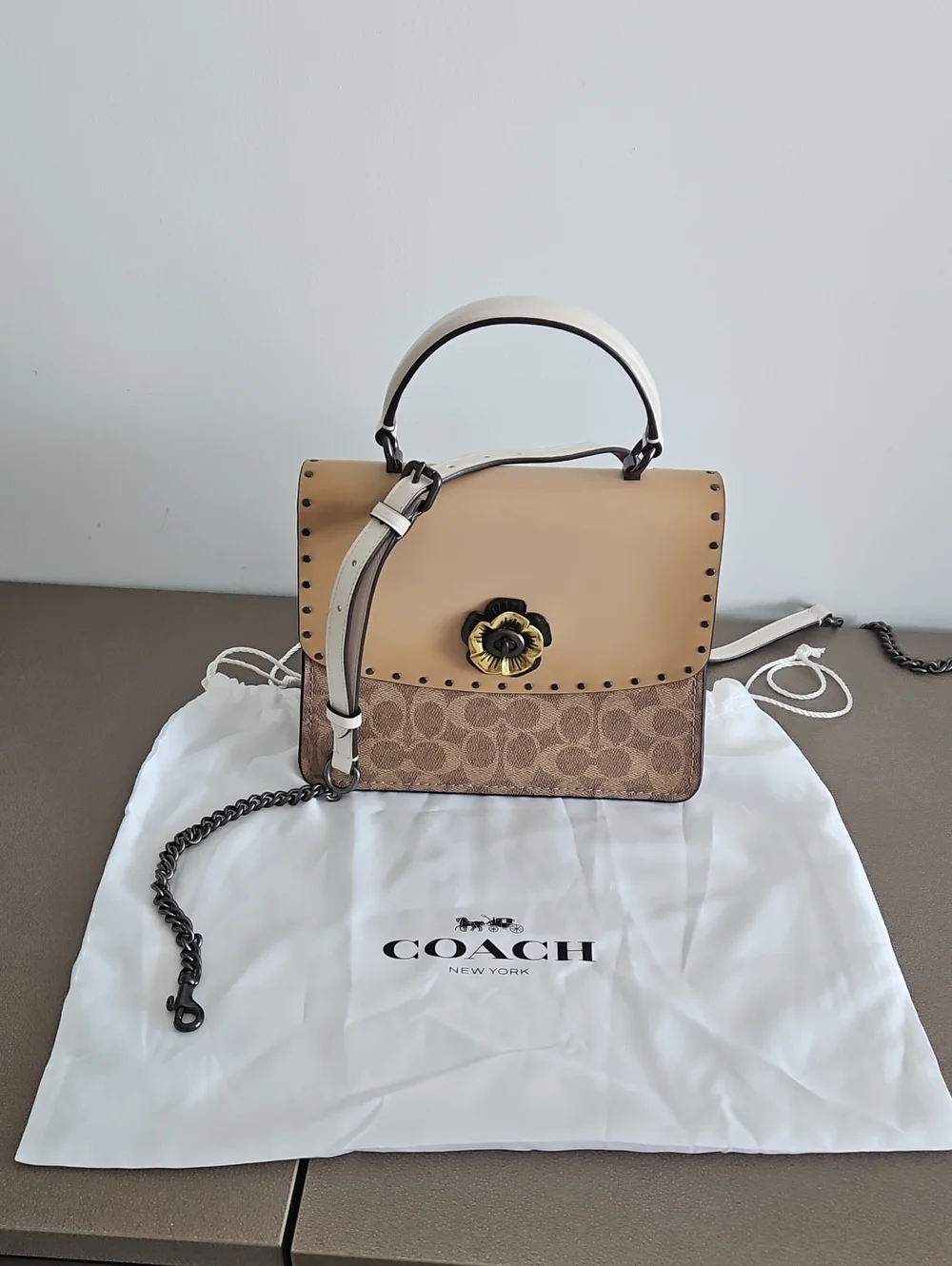Coach Tan and Signature Canvas Floral Turn-Lock Satchel